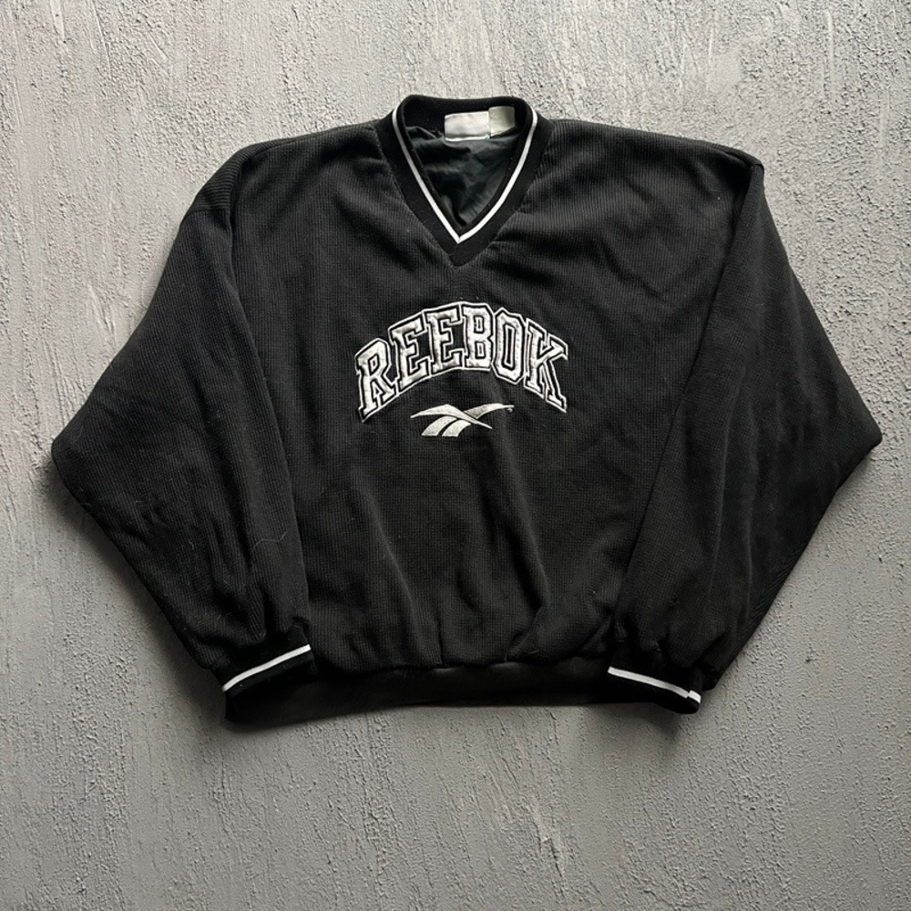 Vintage Reebok Sweatshirt XL Black 1990s V-Neck Embroidered Windbreaker